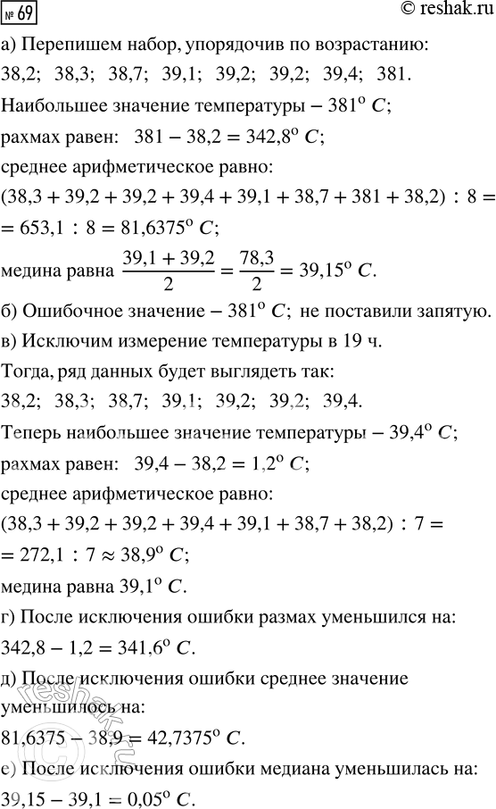Решение задачи: 69. В таблице 30 даны результаты измерения температуры тела пациента в больнице. а) Найдите наибольшее значение температуры, размах, среднее арифметическое и медиану температуры.