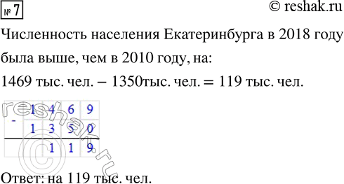 Решение задачи: 7. На сколько численность населения Екатеринбурга в 2018 г. была выше, чем в 2010 г.? *Цитирирование задания со ссылкой на учебник производится исключительно в учебных целях для лучшего понимания разбора решения задания.