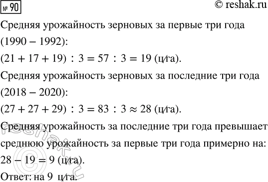 Решение задачи: 90. По данным диаграммы 16 найдите средние урожайности зерновых за первые три года и за последние три года. Сравните результаты. На сколько центнеров с гектара средняя урожайность в последние три года превышает среднюю урожайность в первые три года?