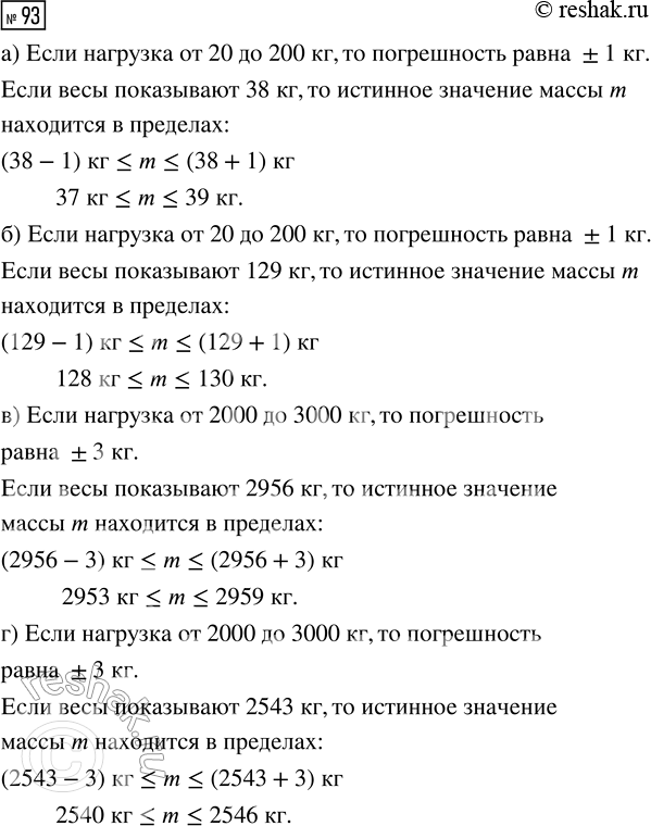 Решение задачи: 93. Рассмотрите таблицу 33. В ней даны допустимые погрешности весов в разных диапазонах измерения. Предположим, что весы исправны и погрешность измерения не выходит за пределы допустимой.