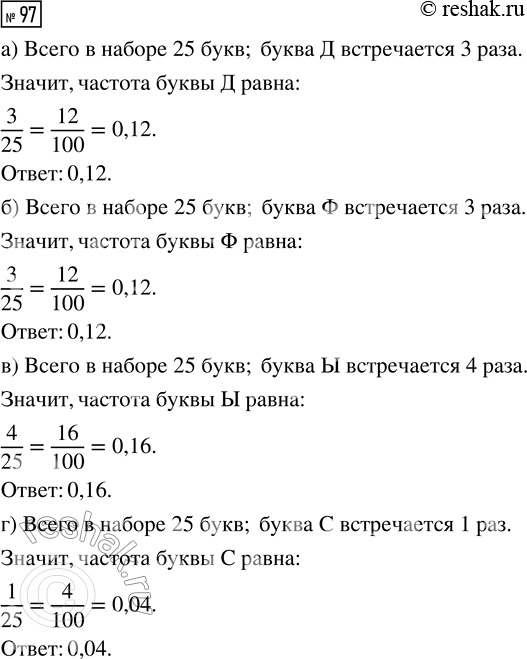 Решение задачи: 97. Дана последовательность букв: ФАВЫДОВЛЫДЯЮФЛЧЛИОЫДСОЫЖФ. Найдите в этой последовательности частоту: а) буквы Д; в) буквы Ы; б) буквы Ф; г) буквы С.