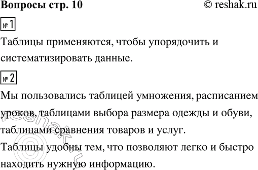 Решение задачи: 1. Для чего применяются таблицы? 2. Какими таблицами вы пользовались в быту и в учёбе? Чем они удобны? *Цитирирование задания со ссылкой на учебник производится исключительно в учебных целях для лучшего понимания разбора решения задания.