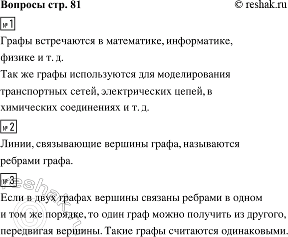 Решение задачи: 1. Вспомните, где вам встречались графы. 2. Как называются линии, связывающие вершины графа? 3. Как можно проверить, одинаковы два графа или нет?