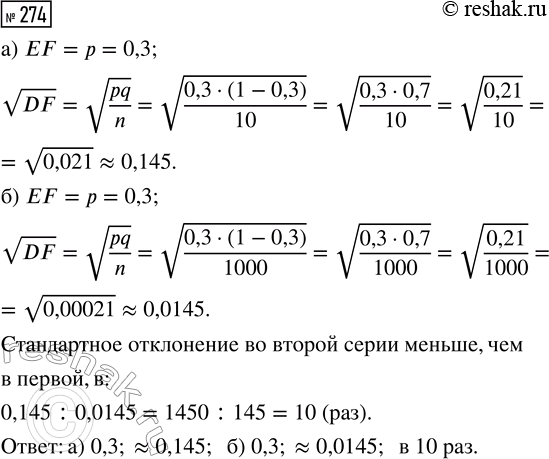 Решение задачи: 274. Производится серия выстрелов по мишени. Вероятность попадания при каждом отдельном выстреле равна 0,3. Подсчитывается частота попаданий F. Найдите математическое ожидание и стандартное отклонение величины F, если всего произведено: