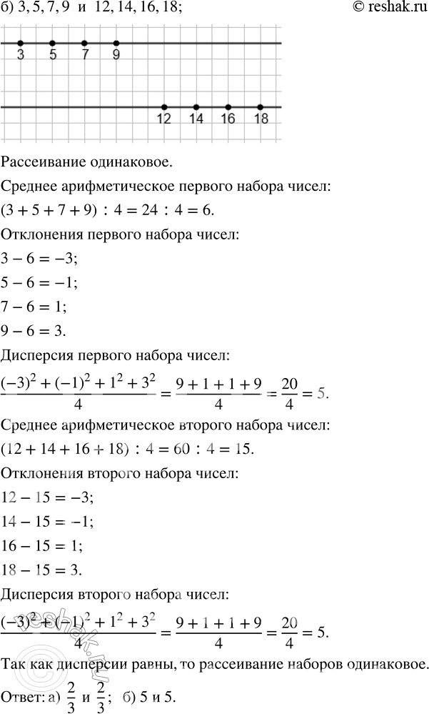 Решение задачи: 315. Даны дра набора чисел. Отметьте числа на числовой прямой. Определите на глаз, у какого из наборов рассеивание значений больше. Проверьте ваш глазомер, вычислив и сравнив дисперсии наборов.