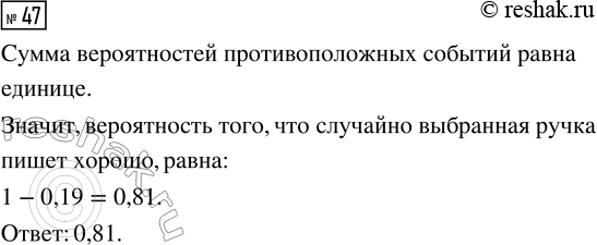 Решение задачи: 47. Вероятность того, что новая шариковая ручка пишет плохо (или не пишет), равня 0,19. Покупатель в магазине выбирает одну шариковую ручку.