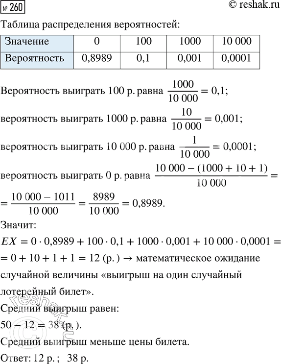 Решение задачи: 260. Организатор лотереи напечатал всего 10 000 лотерейных билетов. Цена каждого билета 50 р. Известно, что 1000 билетов дают выигрыш 100 р., ещё в 10 билетах — выигрыш 1000 р., а на 1 билет приходится главный выигрыш 10 000 р.