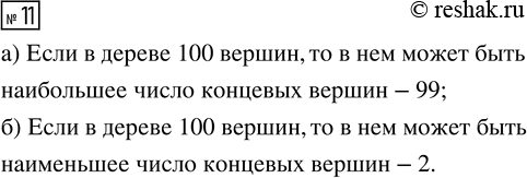 Решение задачи: 11. В дереве 100 вершин. Какое в нём может быть: а) наибольшее число концевых вершин; б) наименьшее число концевых вершин? *Цитирирование задания со ссылкой на учебник производится исключительно в учебных целях для лучшего понимания разбора решения задания.