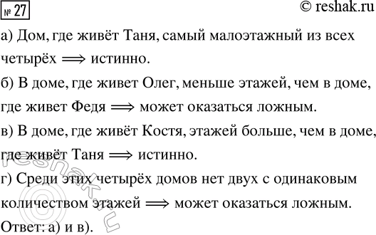 Решение задачи: 27. Известно, что в доме, где живёт Костя, больше этажей, чем в доме, где живёт Олег. В доме, где живёт Таня, меньше этажей, чем в доме, где живёт Олег, а в доме, где живёт Федя, больше этажей, чем в доме, где живёт Таня.
