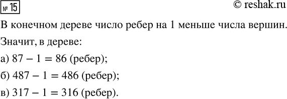 Решение задачи: 15. Сколько рёбер в дереве, в котором: а) 87 вершин; б) 487 вершин; в) 317 вершин? *Цитирирование задания со ссылкой на учебник производится исключительно в учебных целях для лучшего понимания разбора решения задания.