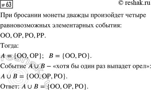 Решение задачи: 63. Монету бросают дважды. Событие А — «первый раз выпадет орёл». Событие В — «второй раз выпадет орёл». Выпишите элементарные события, благоприятствующие каждому из этих событий и событию А?В.
