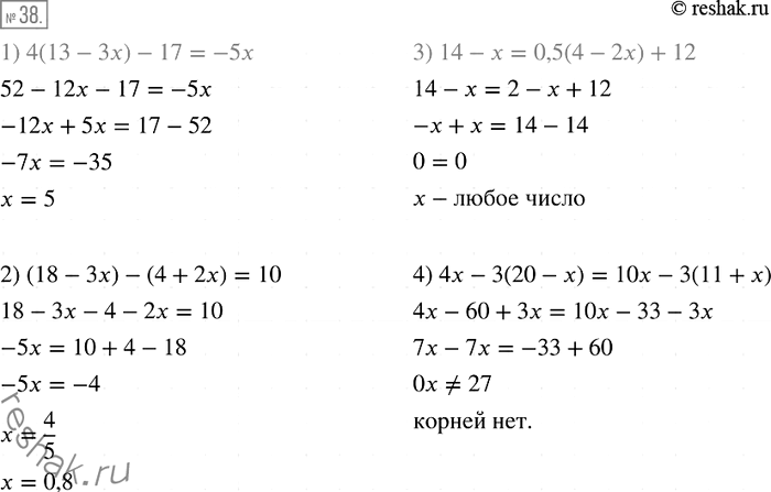 Решение задачи: 38. Решите уравнение: 1) 4(13 - 3x) - 17 = -5x; 2) (18 - 3x) - (4 + 2x) = 10;
