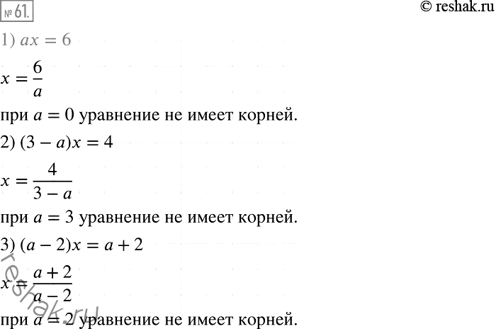 Решение задачи: 61. При каком значении а уравнение: 1) ах = 6; 2) (3 - а)х = 4; 3) (а - 2)х = а + 2 не имеет корней?
