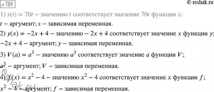 Решение задачи: 789 Прочитайте следующую запись, укажите аргумент функции и зависимую переменную: 1) s(t) = 70t; 2) у(х) = -2х + 4; 3) V(a) = а3;