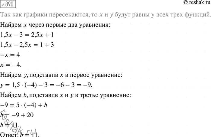 Решение задачи: 890. При каком значении b графики функций у = 1,5x - 3, у = 2,5x + 1 и у = 5х + b пересекаются в одной точке?