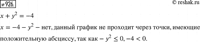 Решение задачи: 926 Проходит ли график уравнения х + у2 = -4 через точки, имеющие положительную абсциссу?