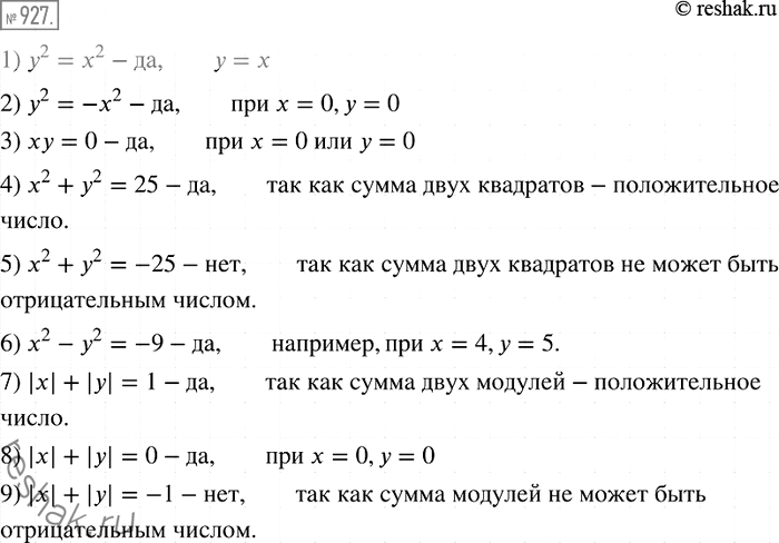 Решение задачи: 927 Имеет ли решения уравнение: 1) y2=х2; 2) у2 = -х2; 3) ху = 0; 4) х2+у2=25; 5) х2 + у2 = -25;
