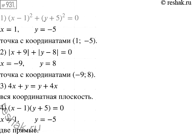 Решение задачи: 930 Что представляет собой график уравнения: 1) (х - 1)2 + (у + 5)2 = 0; 2) |х+ 9| + |у - 8| = 0;