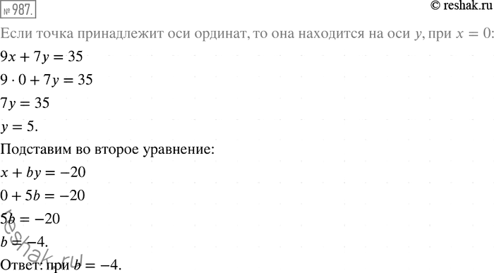 Решение задачи: 987. При каком значении b точка пересечения прямых 9х + 7у = 35 и х + by = -20 принадлежит оси ординат?