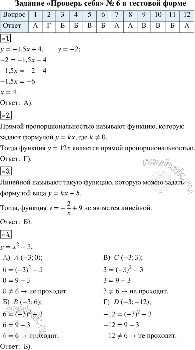 Решение задачи: Задание «Проверьте себя» № 6 в тестовой форме 1. При каком значении аргумента значение функции у = -1,5x + 4 равно -2?