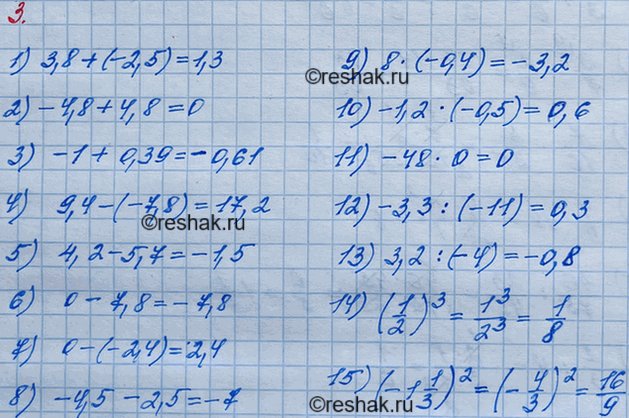 Решение задачи: 3. Вычислите значение выражения: 1) 3,8 + (-2,5); 2)-4,8+ 4,8; 3) -1 + 0,39; 4) 9,4 - (-7,8); 5)4,2-5,7; 6) 0-7,8;