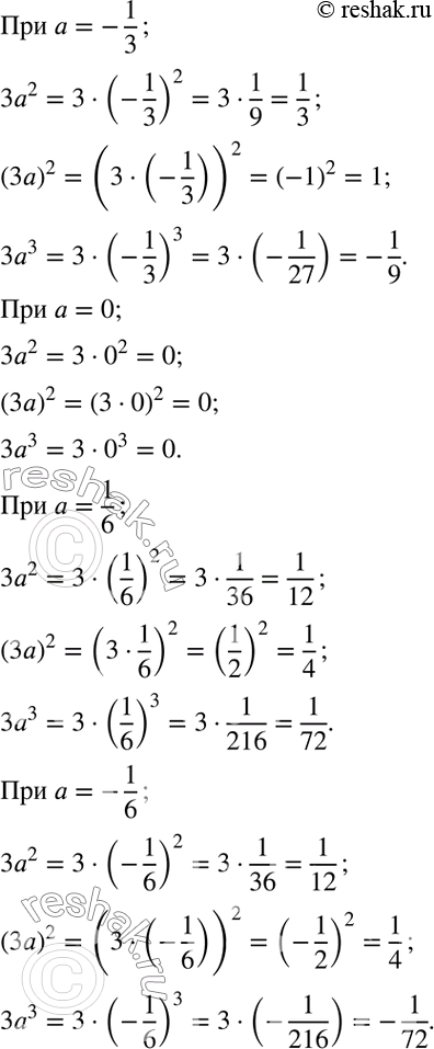 Решение задачи: 3. Заполните таблицу. a: 5; -5; 0,2; -0,2; 1/3; -1/3; 0; 1/6; -1/6. 3a^2; (3a)^2; 3a^3.