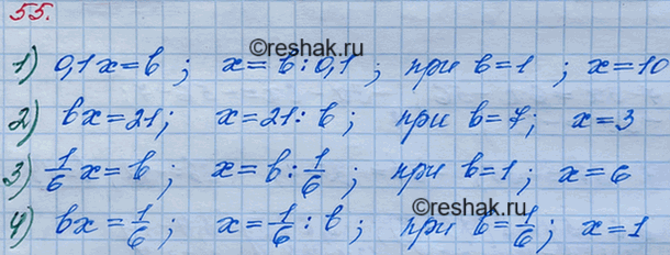 Решение задачи: 55. Укажите какое-либо значение b, при котором будет целым числом корень уравнения: 1)0,1 х = b; 2) bх = 21; 3) 1/6*x = 6;