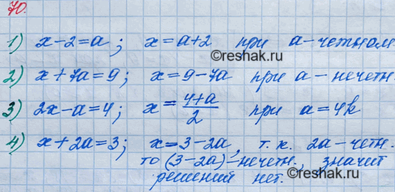 Решение задачи: 70. При каких целых значениях а корень уравнения: 1) х-2 = а; 2) х + 7а = 9; 3) 2х - a = 4;