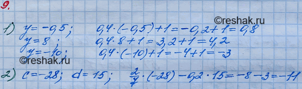 Решение задачи: 9. Вычислите значение выражения: 1) 0,4у + 1 при у = -0,5; 8; -10; 2) 2/7*с - 0,2d при с = -28, d = 15.
