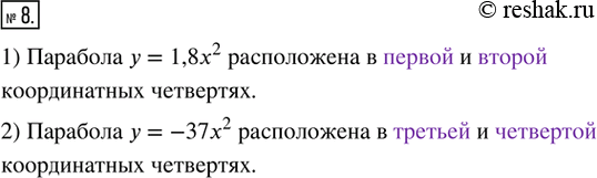 Решение задачи: 8. Заполните пропуски. 1) Парабола у = 1,8x^2 расположена в ________ и ________ координатных четвертях. 2) Парабола у = -37х^2 расположена в ________ и ________ координатных четвертях.