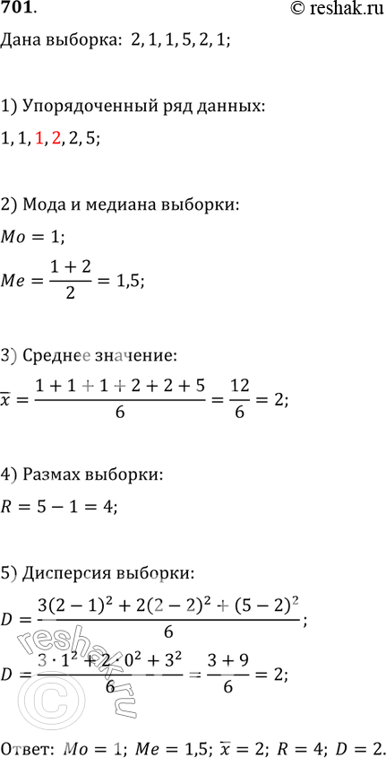 Решение задачи: 701. Найти моду, медиану, средний размах и дисперсию выборки: 2, 1, 1, 5, 2, 1.