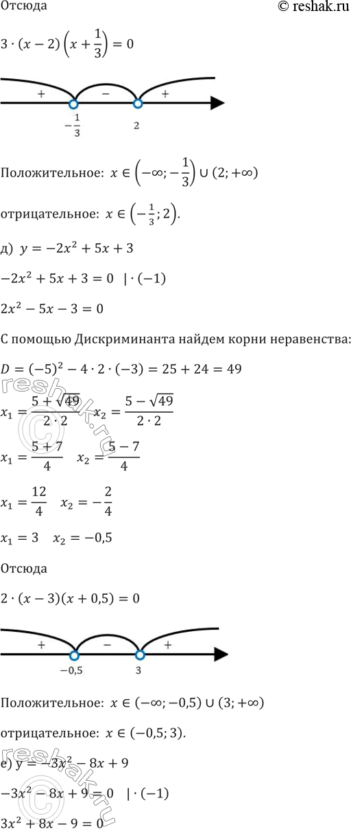 Решение задачи: 93. Укажите все значения х при каждом из которых квадратичная функция: а) y=x^2+1,5x-1 б) y=x^2-3,5x+2 в) y=4x^2+19x-5 г) y=3x^2-5x-2 д) y=-2x^2+5x+3 е) y=-3x^2-8x+9 принимает положительные значения;