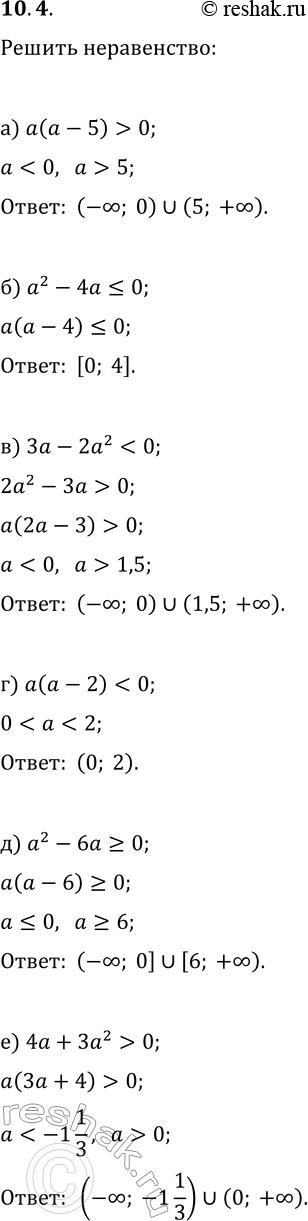 Решение задачи: 10.4. Решить неравенство: а) a(a-5) > 0; г) a(a-2) б) a^2-4a?0; д) a^2-6a?0; в) 3a-2a^2 0. *Цитирирование задания со ссылкой на учебник производится исключительно в учебных целях для лучшего понимания разбора решения задания.