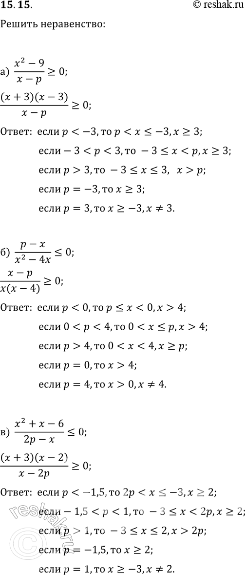Решение задачи: 15.15. Решите неравенство с параметром р: а) (x^2-9)/(x-p)?0; г) (x-2p)/(x^2-16) &gt; 0; б) (p-x)/(x^2-4x)?0; д) (2x-4x^2)/(x-3p)?0; в) (x^2+x-6)/(2p-x)?0; е) (2x+p)/(x^2+5x+6)?0. *Цитирирование задания со ссылкой на учебник производится исключительно в учебных целях для лучшего понимания разбора решения задания.