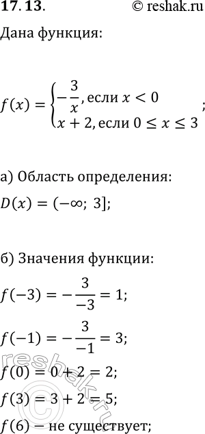 Решение задачи: 17.13. Дана функция y=f(x), где f(x)={-3/x, если x а) Укажите D(f); б) Вычислите f(-3), f(-1), f(0), f(3), f(6); в) Постройте график функции y=f(x);