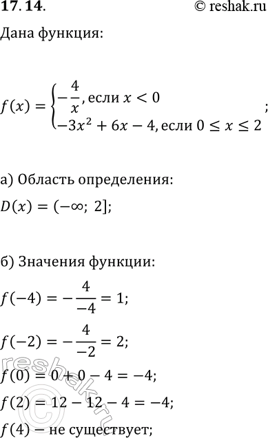 Решение задачи: 17.14. Дана функция y=f(x), где f(x)={-4/x, если x а) Укажите D(f); б) Вычислите f(-4), f(-2), f(0), f(2), f(4); в) Постройте график функции y=f(x);