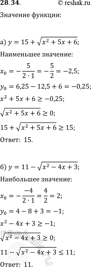 Решение задачи: 28.34. Найдите: а) наименьшее значение функции y=15+v(x^2+5x+6); б) наибольшее значение функции y=11-v(x^2-4x+3). *Цитирирование задания со ссылкой на учебник производится исключительно в учебных целях для лучшего понимания разбора решения задания.