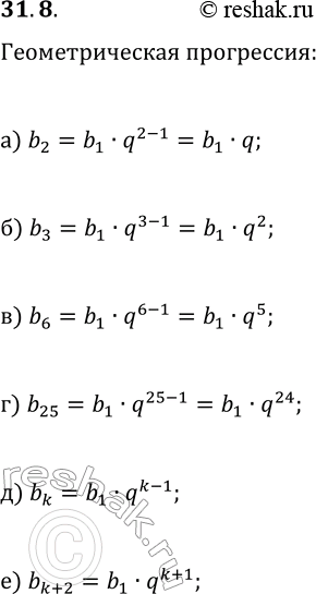 Решение задачи: 31.8. Выразите данный член геометрической прогрессии (b_n) через b_1 и q: а) b_2; в) b_6; д) b_k; б) b_3; г) b_25;