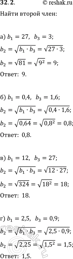 Решение задачи: 32.2. В геометрической прогрессии (b_n), все члены которой положительны, выбрали три числа, следующие друг за другом. При этом два из них известны, а одно нет.