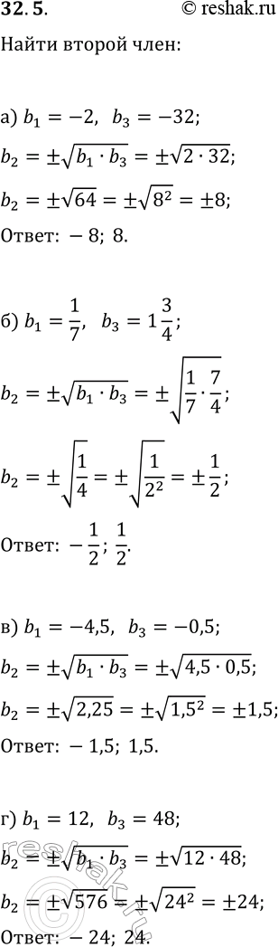Решение задачи: 32.5. В геометрической прогрессии (b_n) выбрали три числа, следующие друг за другом. При этом два из них известны, а одно нет.