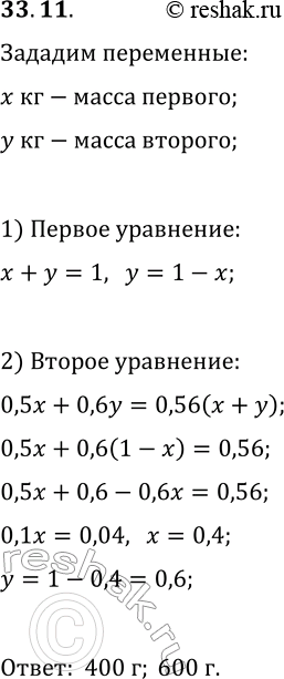 Решение задачи: 33.11. Имелось два куска латуни (сплав меди с цинком), в первом из которых было 50% меди, а во втором — 60% меди.