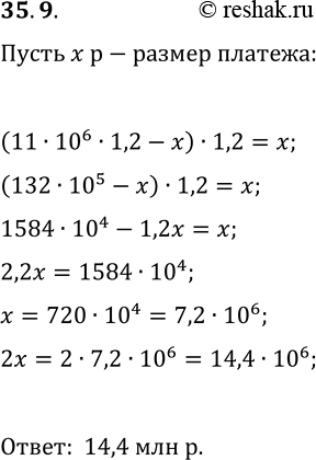 Решение задачи: 35.9. Клиент взял в банке кредит на сумму 11 млн р. под 20% годовых. Условия погашения кредита таковы, что через год после выдачи кредита начисляются проценты по кредиту, после этого в течение месяца выплачивается часть долга.