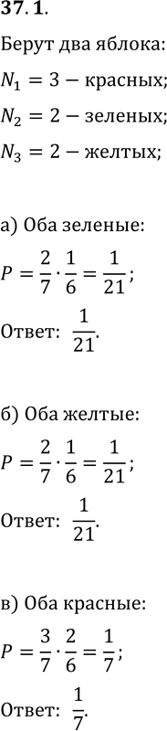 Решение задачи: 37.1. На тарелке 3 красных, 2 зелёных и 2 жёлтых яблока. Из них наудачу выбирают два. Какова вероятность того, что они оба: