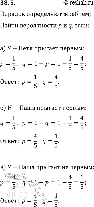 Решение задачи: 38.5. Братья Петя и Паша и трое их друзей по жребию определяют, кому первому прыгать с трамплина. Найдите вероятности р и q «успеха» и «неудачи», если: