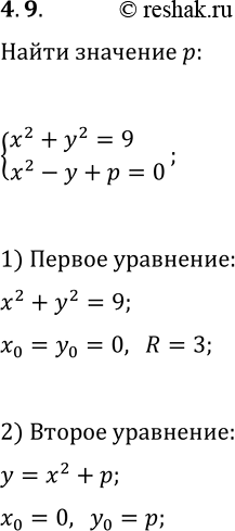 Решение задачи: 4.9. При каком значении параметра р система уравнений {x^2+y^2=9, x^2-y+p=0}: а) имеет два решения; б) имеет единственное решение? *Цитирирование задания со ссылкой на учебник производится исключительно в учебных целях для лучшего понимания разбора решения задания.