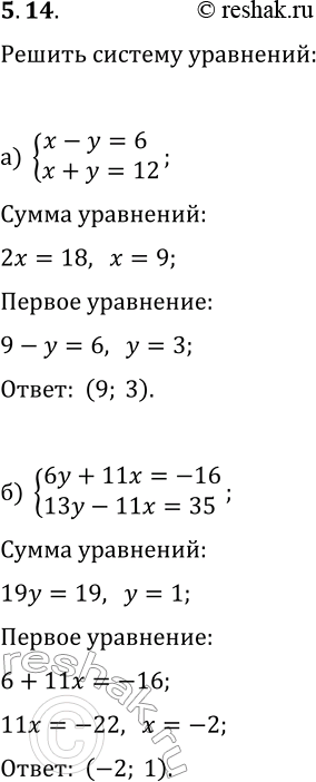 Решение задачи: 5.14. Решите систему уравнений методом алгебраического сложения: а) {x-y=6, x+y=12}; в) {2x+y=11, 3x-y=4}; б) {6y+11x=-16, 13y-11x=35}; г) 9x-7y=23, 3x+5y=-7}. *Цитирирование задания со ссылкой на учебник производится исключительно в учебных целях для лучшего понимания разбора решения задания.