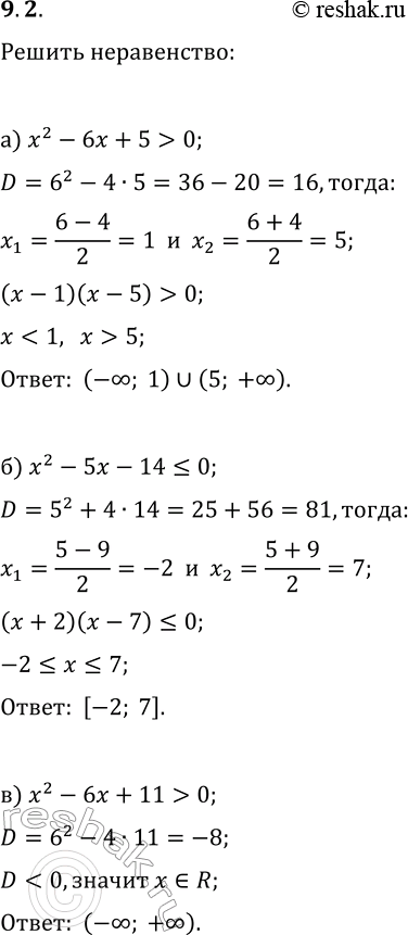 Решение задачи: 9.2. Решите неравенство: а) x^2-6x+5 > 0; г) x^2-5x+4 б) x^2-5x-14?0; д) x^2+4x+32?0; в) x^2-6x+11 > 0; е) x^2+8x+12 > 0.