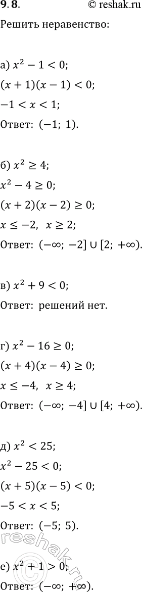 Решение задачи: 9.8. Решите неравенство: а) x^2-1 б) x^2?4; д) x^2 в) x^2+9 0. *Цитирирование задания со ссылкой на учебник производится исключительно в учебных целях для лучшего понимания разбора решения задания.