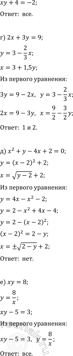 Решение задачи: 1.4. Есть ли среди представленных уравнений пары равносильных уравнений? Назовите их, объясните свой выбор: а) 4x-3y=18, x=0,75+6, y=6-1(1/3)x; б) x^2+y-2x+3=0, y=-2-(x-1)^2, x=v(y-2)+1;