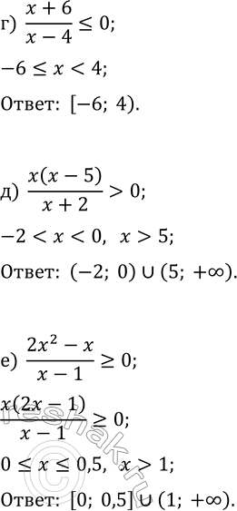 Решение задачи: 11.1. Решите неравенство: а) (x-2)/(x+5) &gt; 0; г) (x+6)/(x-4)?0; б) x(x-3)/(x+1)?0; д) x(x-5)/(x+2) &gt; 0; в) (x^2+3x)/(2x-5)?0; е) (2x^2-x)/(x-1)?0. *Цитирирование задания со ссылкой на учебник производится исключительно в учебных целях для лучшего понимания разбора решения задания.